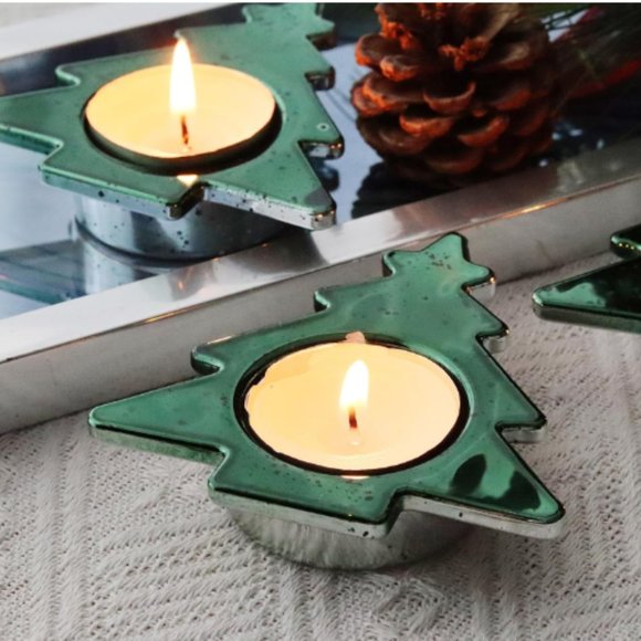 Set of 6 - Green Pine Tree - Mercury Glass Tealight Candle Holders - Picture 1 of 10